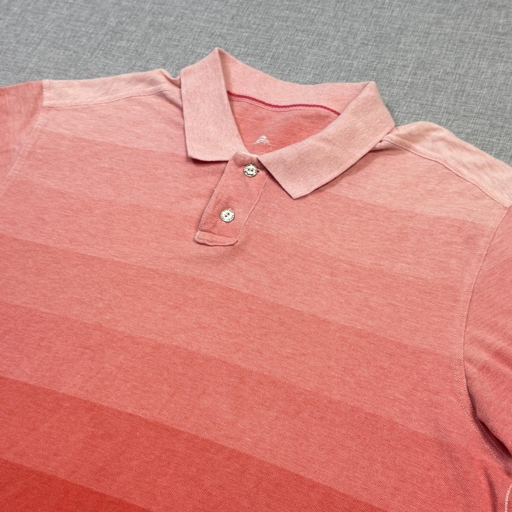 Tommy Bahama Polo Shirt Mens Large Pink Red Striped Short Sleeve Collared Cotton